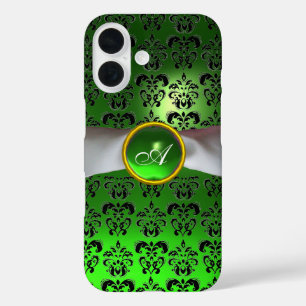 Coques iPhone 16 DAMASK GIRLY MONOGRAM vert ruban blanc