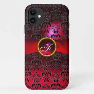Coque iPhone 11 DAMASK MONOGRAMME rouge bordeaux ruban