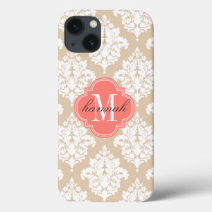 Etui iPhone 13 Damassé beige de toile élégante personnalisée