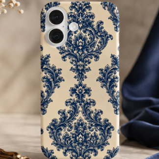 Coques iPhone 16 Damassé bleu et blanc