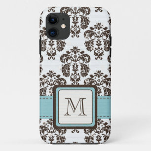 Coque iPhone 11 Damassé décorée d'un monogramme de brun bleu