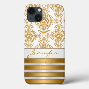 Coques Pour iPhone Damassé doré et rayures personnalisés