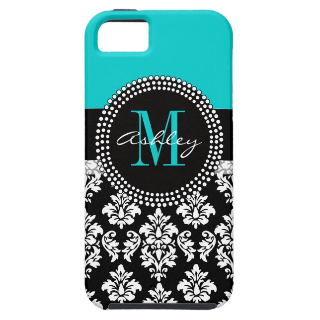 Coques Case-Mate iPhone Damassé Girly de noir d'Aqua votre nom de (Dos)