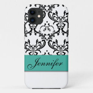 Case-Mate iPhone CASE DAMASSÉ GIRLY DE NOIR DE TURQUOISE VOTRE NOM