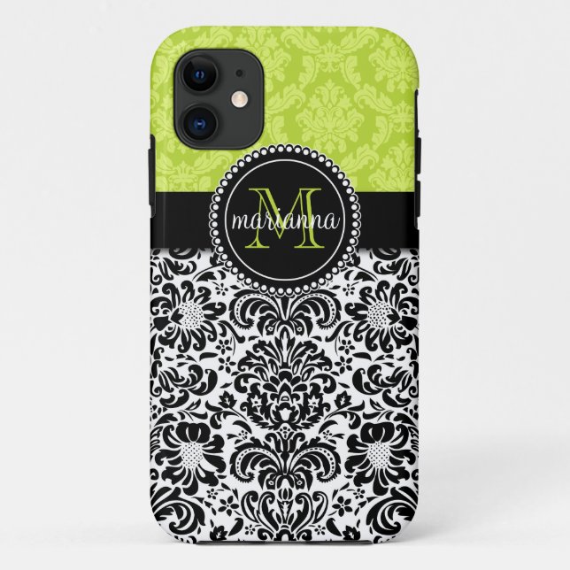Coques Case-Mate iPhone Damassé noire verte élégante personnalisée (Dos)