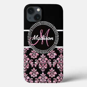 COQUES POUR iPhone DAMASSÉ ROSE DE NOIR DE PARTIES SCINTILLANTES