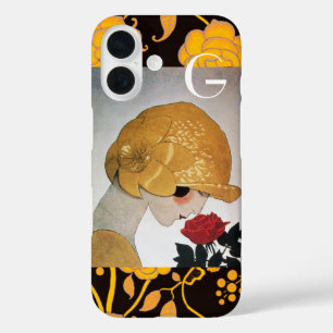 COQUES iPhone 16  DAME AU MONOGRAMME DE ROSE ROUGE
