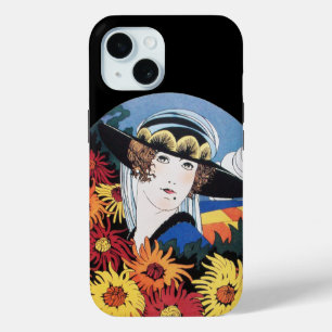 Coque Pour iPhone 15 Dame aux fleurs de chrysanthème, noir