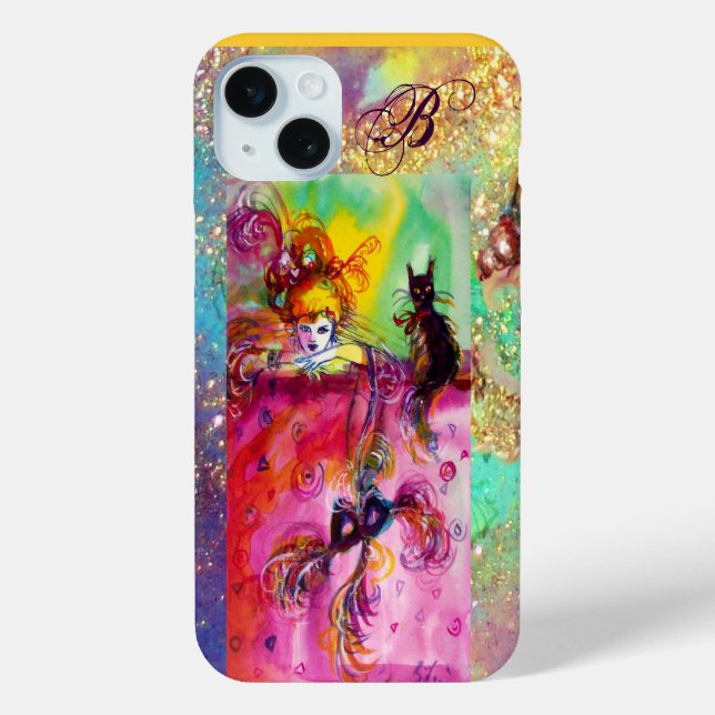 Coques Case-Mate iPhone DAME AVEC CHAT NOIR ET MASQUE Masquerade Monogramm (Verso)