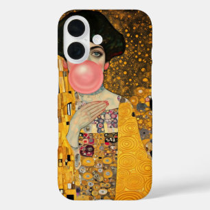 Coques iPhone 16 Dame de la gomme à bulle rose avec chat noir Gusta