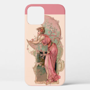 COQUE iPhone 12 DAME DE LA LUNE AVEC FLEURS EN ROSE