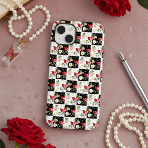 Coque Pour iPhone 14 Plus damier noir et blanc chic fleurs roses