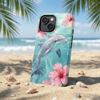 Coques iPhone 16 Dauphin iridescent et hibiscus rose Océan tropical