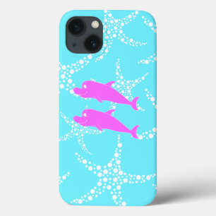 Etui iPhone 13 Dauphins roses sur Motif bleu turquoise