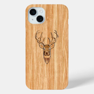 Coque iPhone 15 Mini Décor blanc Tail Cerf Tête de Bois Grain