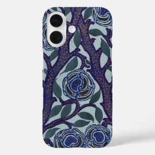 Coques iPhone 16 Décor floral de rose Art déco bleu royal et or