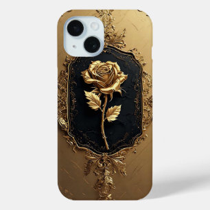 Coque Pour iPhone 15 Décoration de rose embellie d'or
