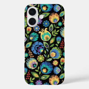 Coques iPhone 16 Découpe florale polonaise Wycinanki sur fond noir