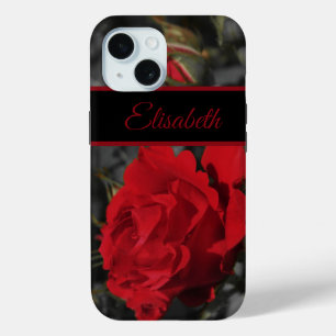 Coque Pour iPhone 15 défilement de fleurs de roses rouges sur gris fonc