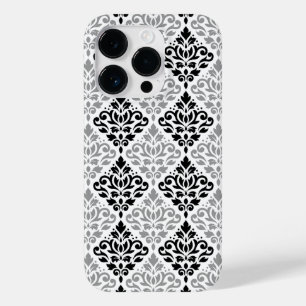 Coque Pour iPhone 14 Pro Défiler Damask Grand Motif noir gris blanc