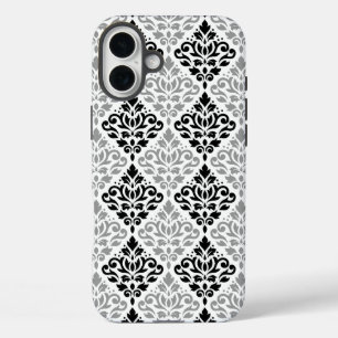 Coques iPhone 16 Plus Défiler Damask Grand Motif noir gris blanc