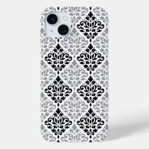 Coque iPhone 15 Mini Défiler Damask Grand Motif noir gris blanc