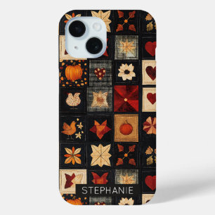 Coque Pour iPhone 15 Denim Folk Art Quilt Motif   Patch d'automne rusti