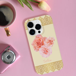 Coque Pour iPhone 14 Pro Dentelle Fille Florale Rose et Dorée Damas