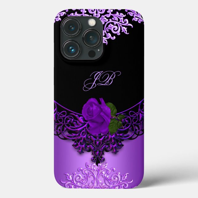 Coques Case-Mate iPhone Dentelle florale Rose violette Noire (Verso)