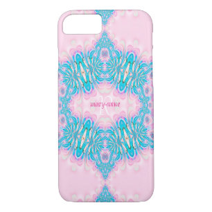 Coque iPhone 8/7 Dentelle rose fractale Nom du monogramme