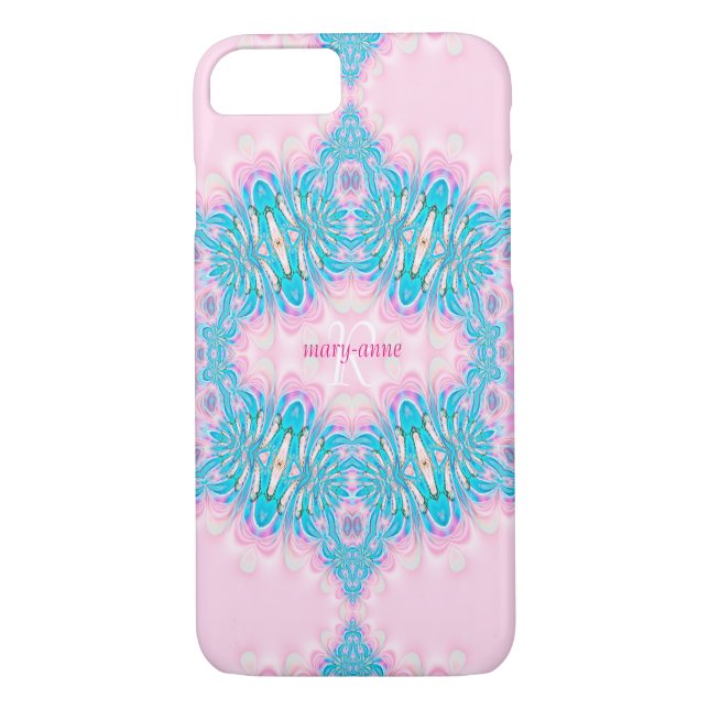 Coques Case-Mate iPhone Dentelle rose fractale Nom du monogramme (Dos)