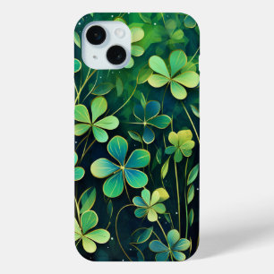 COQUE iPhone 15 MINI DES TONS ORNATES DE SHAMROCKS IRLANDAIS VERTS & OR