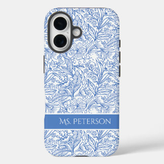 Coques iPhone 16 Design botanique bleu élégant personnalisé