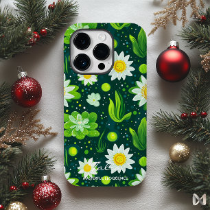Coque Pour iPhone 14 Pro Design botanique vert vibre avec marguerites blanc