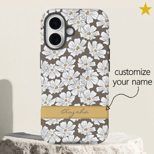 Coques iPhone 16 Dessin de fleur blanche rustique avec nom personna