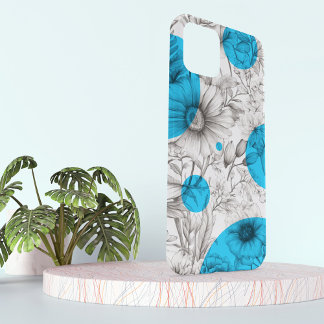 Coque Pour iPhone 15 Dessin floral moderne Cyan Bleu Cercles rétro