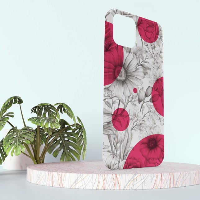 Coques Case-Mate iPhone Dessin floral moderne magenta rose Cercles rétro (Magenta pink retro circles on black and white drawing sketch of peony flowers, on a phone case.)