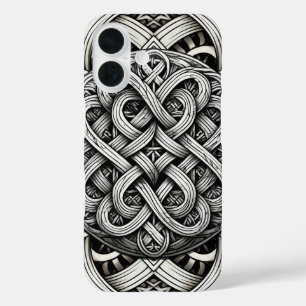 Coques iPhone 16 Détaillierte Schwarz-Weißer keltischer Knoten 0001
