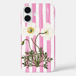 Coques iPhone 16 Deux coquelicots blancs sur des rayures de denim r