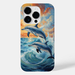 Coque Pour iPhone 14 Pro Deux dauphins de saut artistique Coucher de soleil