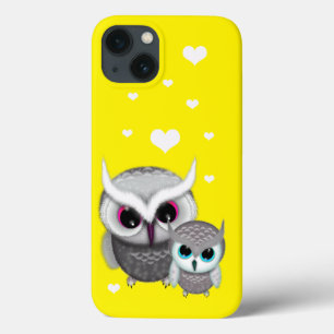 Case-Mate iPhone Case Deux Petits Hiboux et des Cœurs sur Fond Jaune Cla