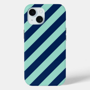Coque Pour iPhone 15 Diagonal Mint Green et Navy Blue Stripes