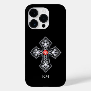 Coque Pour iPhone 14 Pro Diamants blancs Croix Rouge Gem Accent