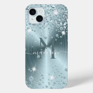 Coque iPhone 15 Mini Diamants bleus turquoises - Personnalisé
