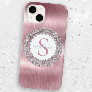 Coque Pour iPhone 14 Diamants en métal rose Monogramme Sparkly Luxurian