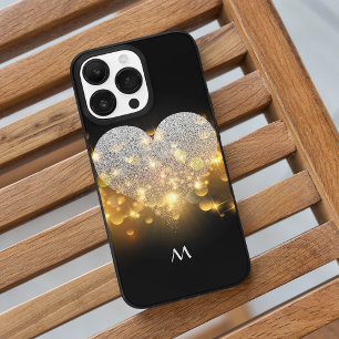 Coque Pour Pour iPhone 14 Pro Max Diamants Étincelants Coeur Noir Et Lumière Monogra