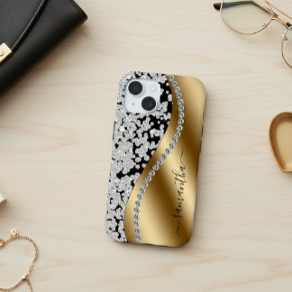 Coque Pour iPhone 15 Diamond Bling Gold Metal Personalized Script 