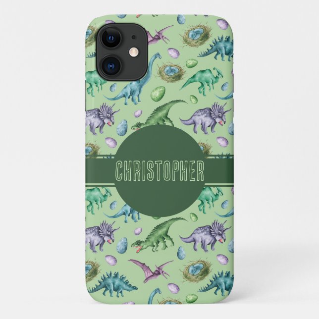 Coques Case-Mate iPhone Dinosaure jurassique à grillage vert avec nom (Dos)