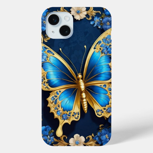 Coques Case-Mate iPhone Diseño Elegante de Mariposa Dorada y Azul (Verso)