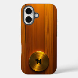 Coques iPhone 16 Disque d'or brossé sur bois d'ambre